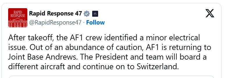 Air Force One Suffers Minor Electrical Glitch, Trump Returns to Washington