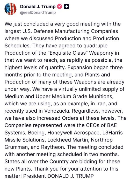 Trump Says US Defense Firms Agree to Quadruple Production of ‘Exquisite Class’ Weapons