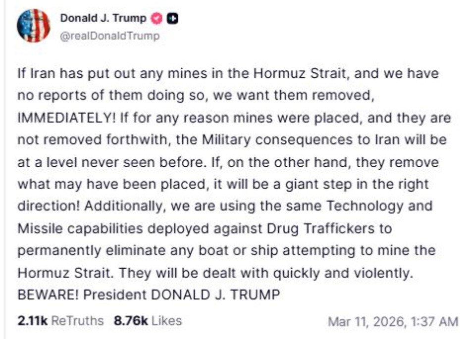 Donald Trump Warns Iran Over Hormuz Mines as US Destroys 10 Mine Boats