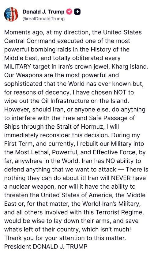 Donald Trump Says All Military Targets on Kharg Island in Iran Were Destroyed