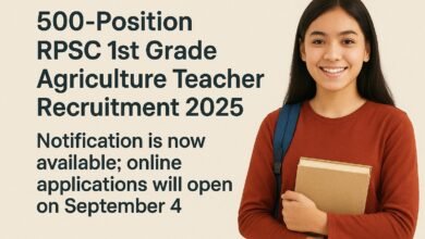 RPSC 1st Grade Agriculture Teacher Recruitment 2025: 500 positions Online applications will be available starting on September 4; notifications are now available.