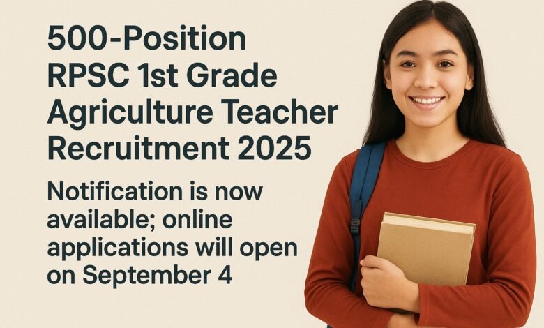 RPSC 1st Grade Agriculture Teacher Recruitment 2025: 500 positions Online applications will be available starting on September 4; notifications are now available.