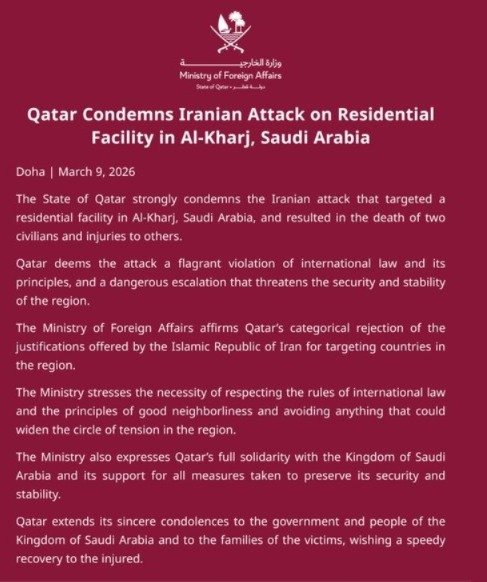 Qatar Slams Iran Over Attack on Residential Site in Al-Kharj