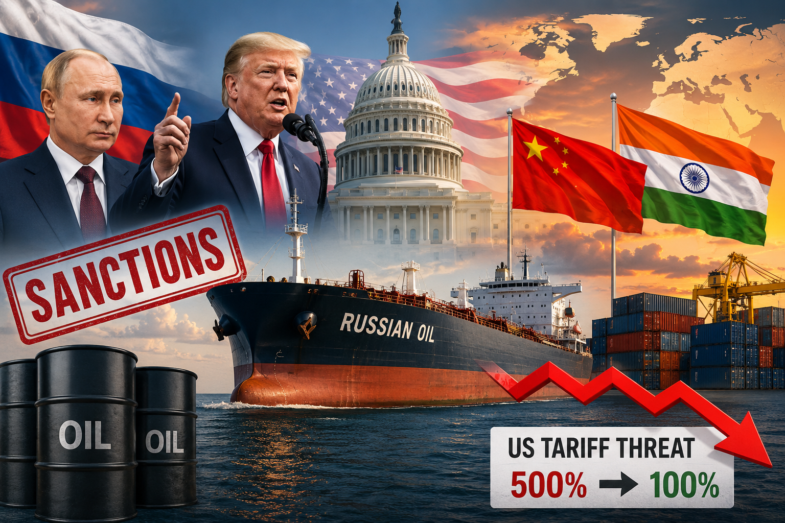 US Russia Oil Tariff: India and China Get Relief as 500% Tariff Threat Drops to 100%