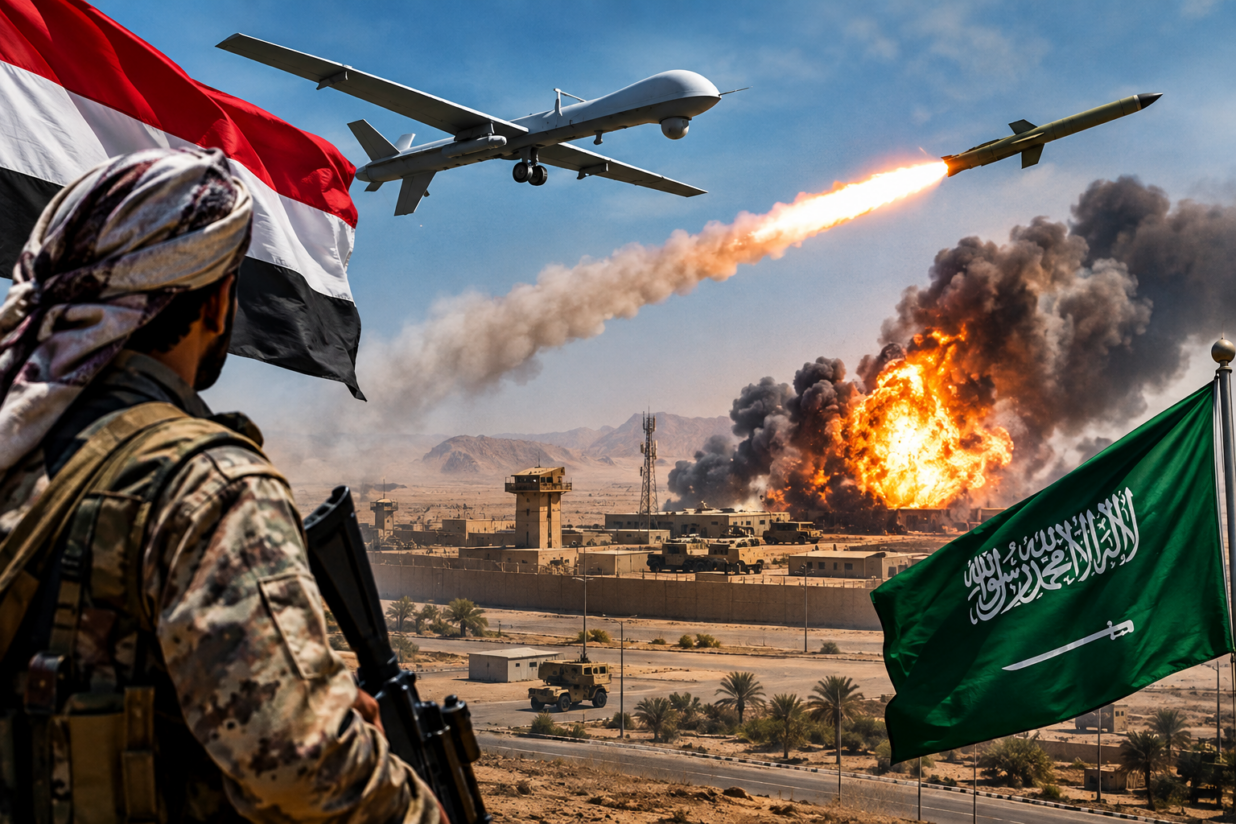 Houthis Missile and Drone Strike Targets Saudi Military Base Amid Escalating Yemen Conflict