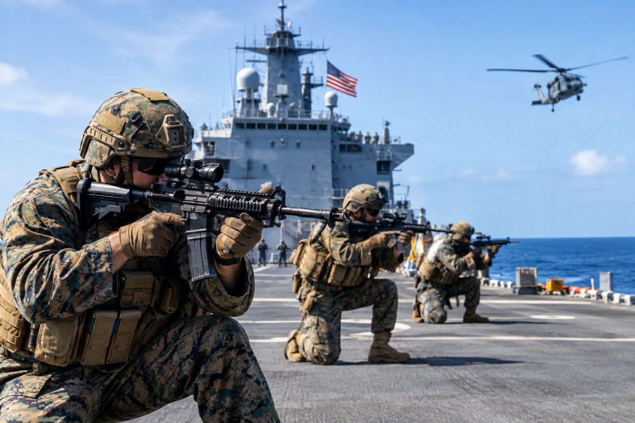 US Marines Conduct Combat Readiness Drills Aboard USS Portland in Arabian Sea